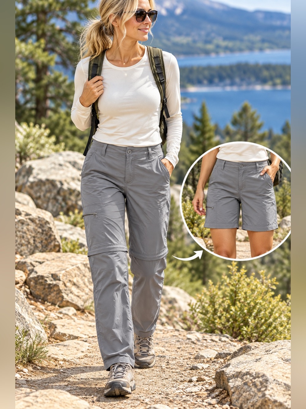 Women’s Size 10 Gray Convertible Zip Off Hiking Pants Nylon Stretch Cargo